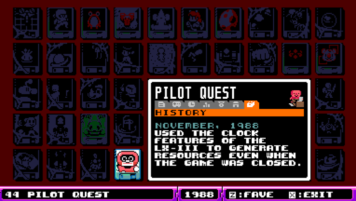A history menu that says "Used the clock features of the LX-III to generate resources even when the game was closed."