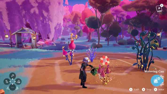 A character waters flowers in the video game Wanderstop