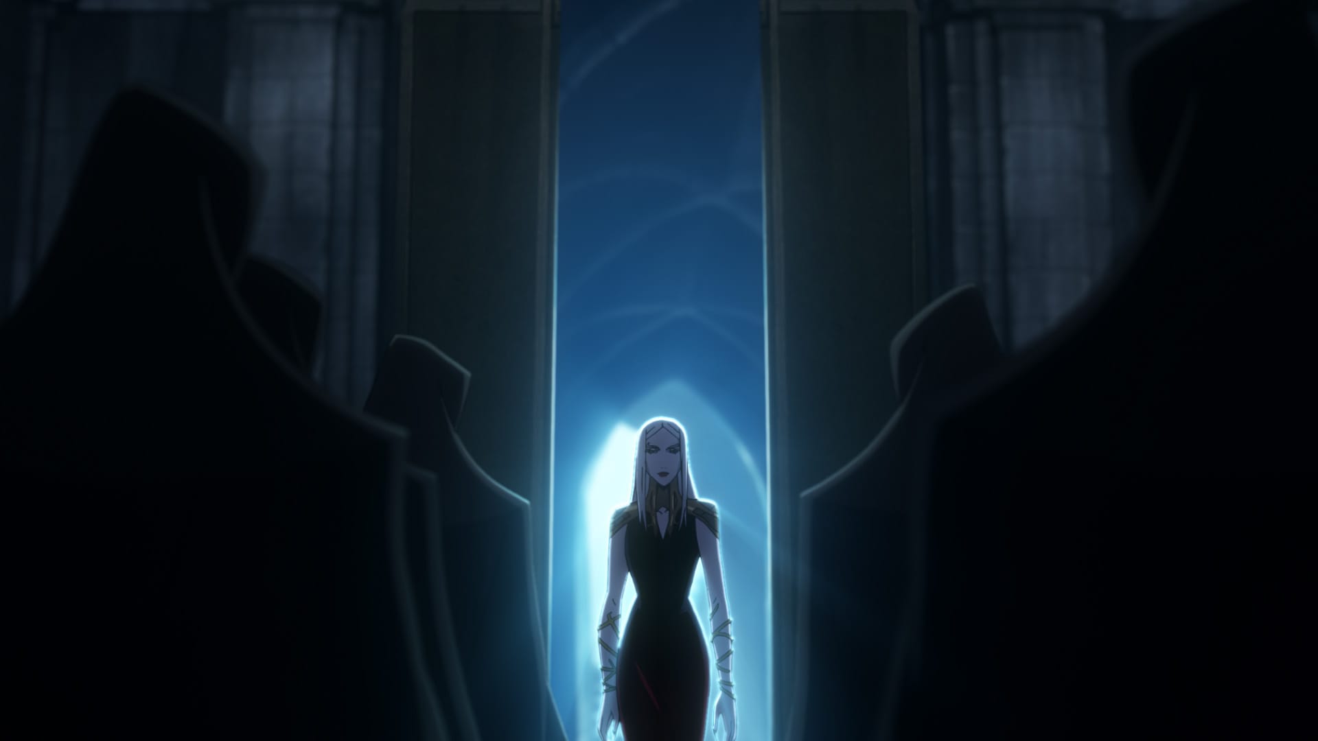Carmilla walking through the threshold of Dracula's castle.