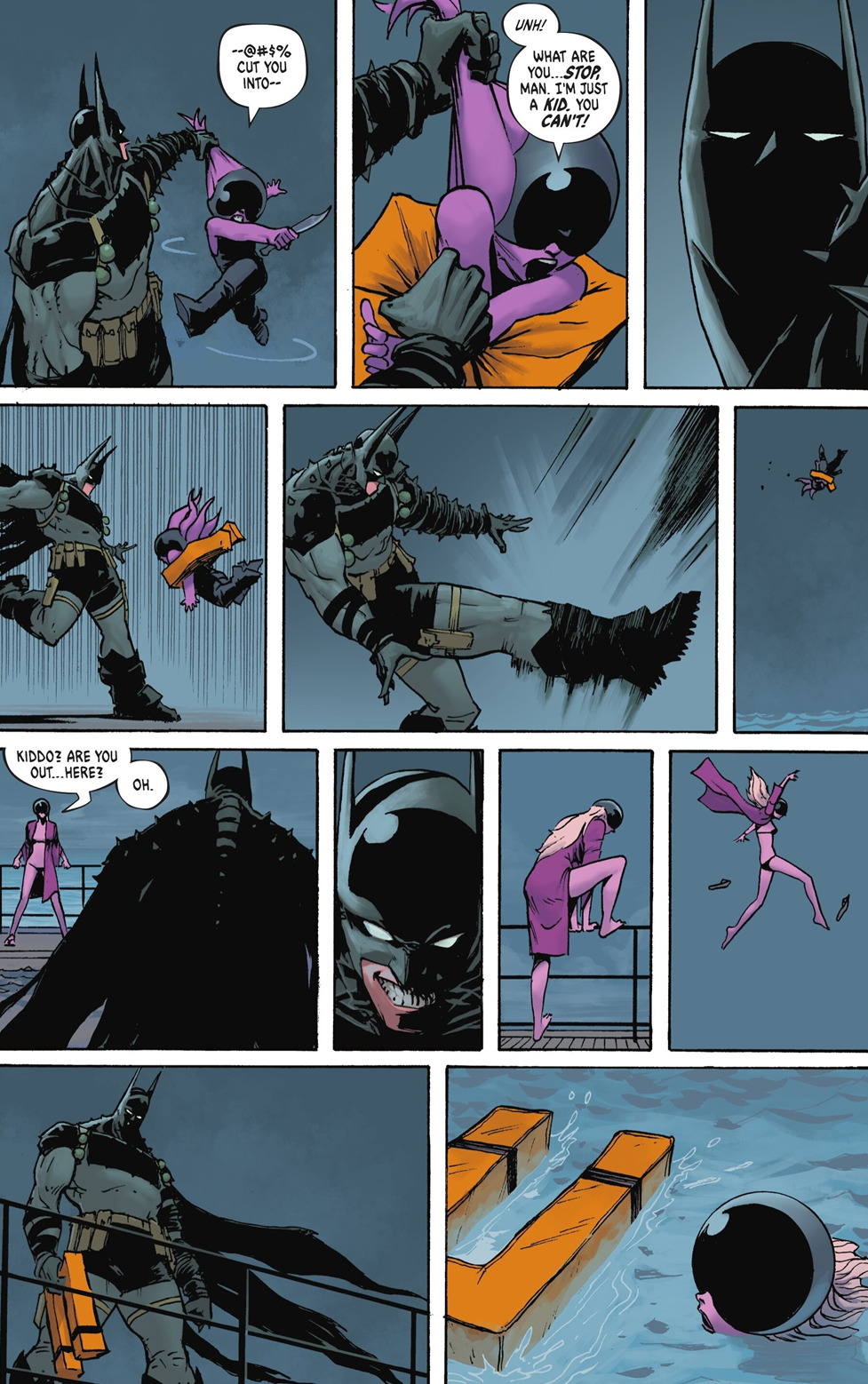 Batman beating up Black Masks goons and throwing a life jacket to them as they run to the safety of the river.