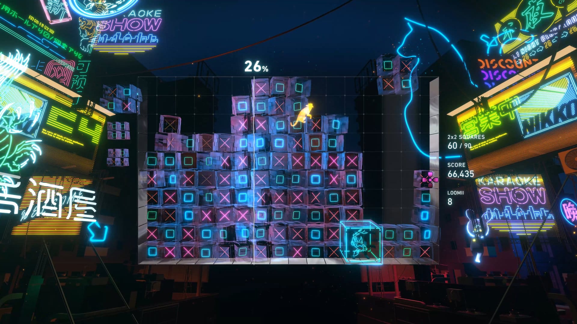 A neon drenched street not unlike Tokyo with various Karaoke parlors. One of the signs says "Nikko". The blocks contain neon squares and X marks. A cat crawls on the tiles. One of the completed tiles is a neon coy fish. 