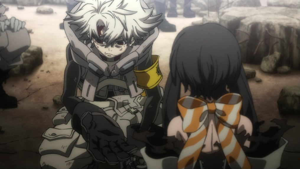 Gachiakuta still of Rudo offering Amo a hand.