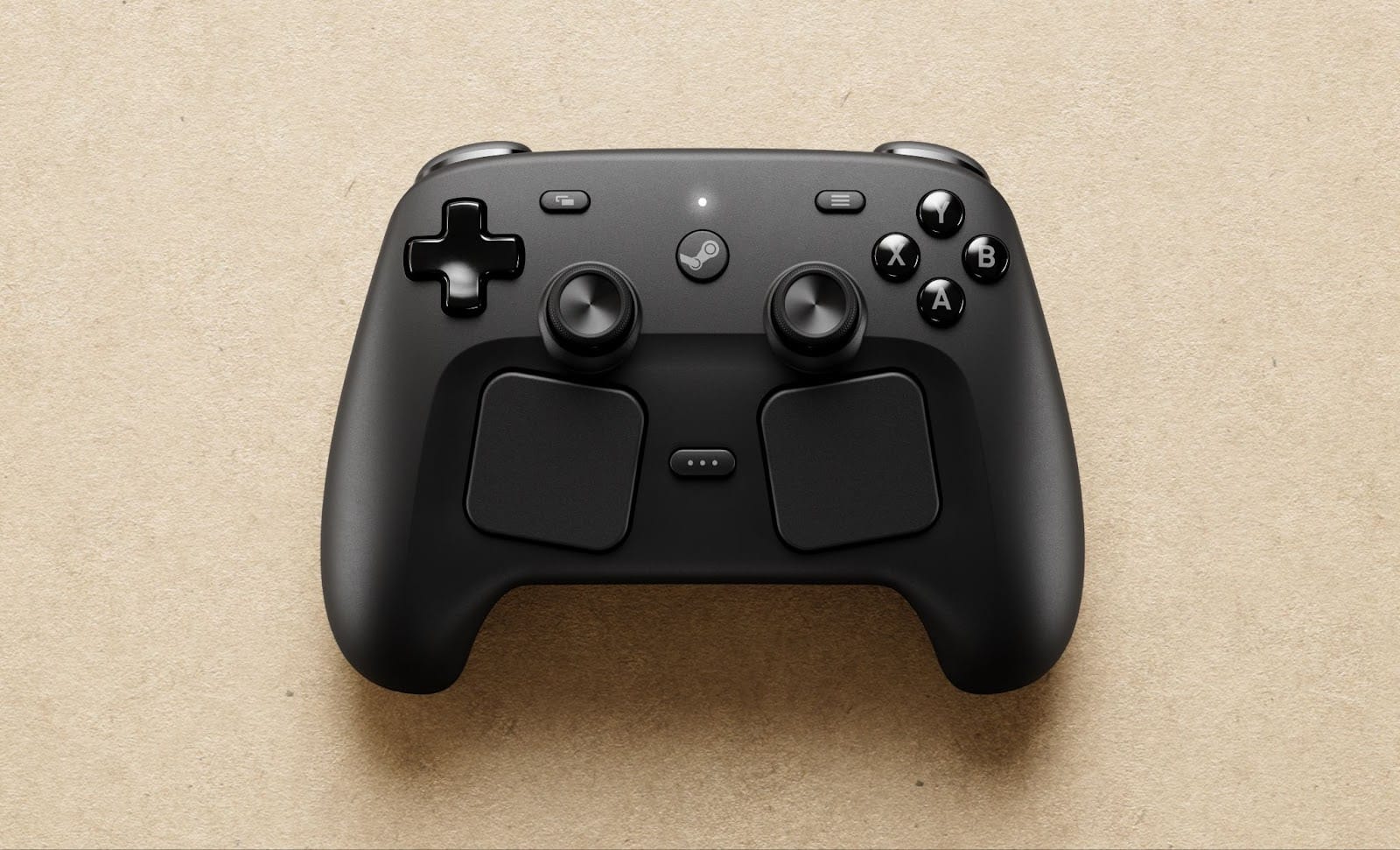 A video game controller in symmetrical layout. It has two touch pads under each of the sticks.