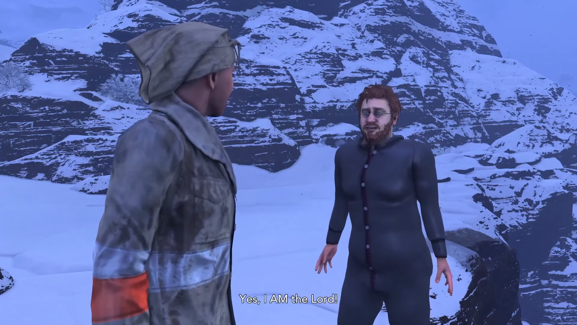 Nate gloating "Yes, I AM the Lord" to Jim on a mountaintop.