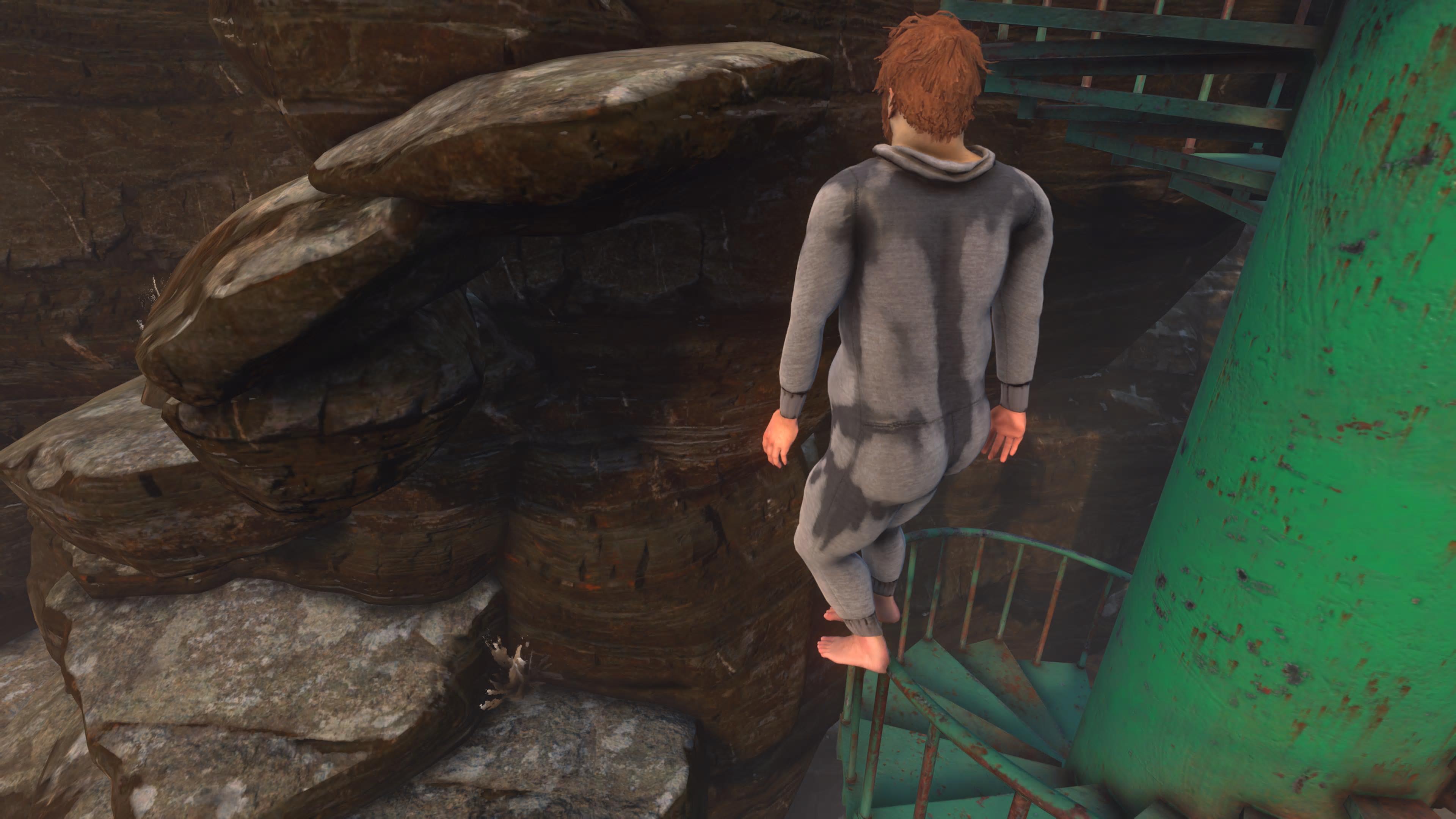 Nathan perched on the stairwell, to take a shortcut.