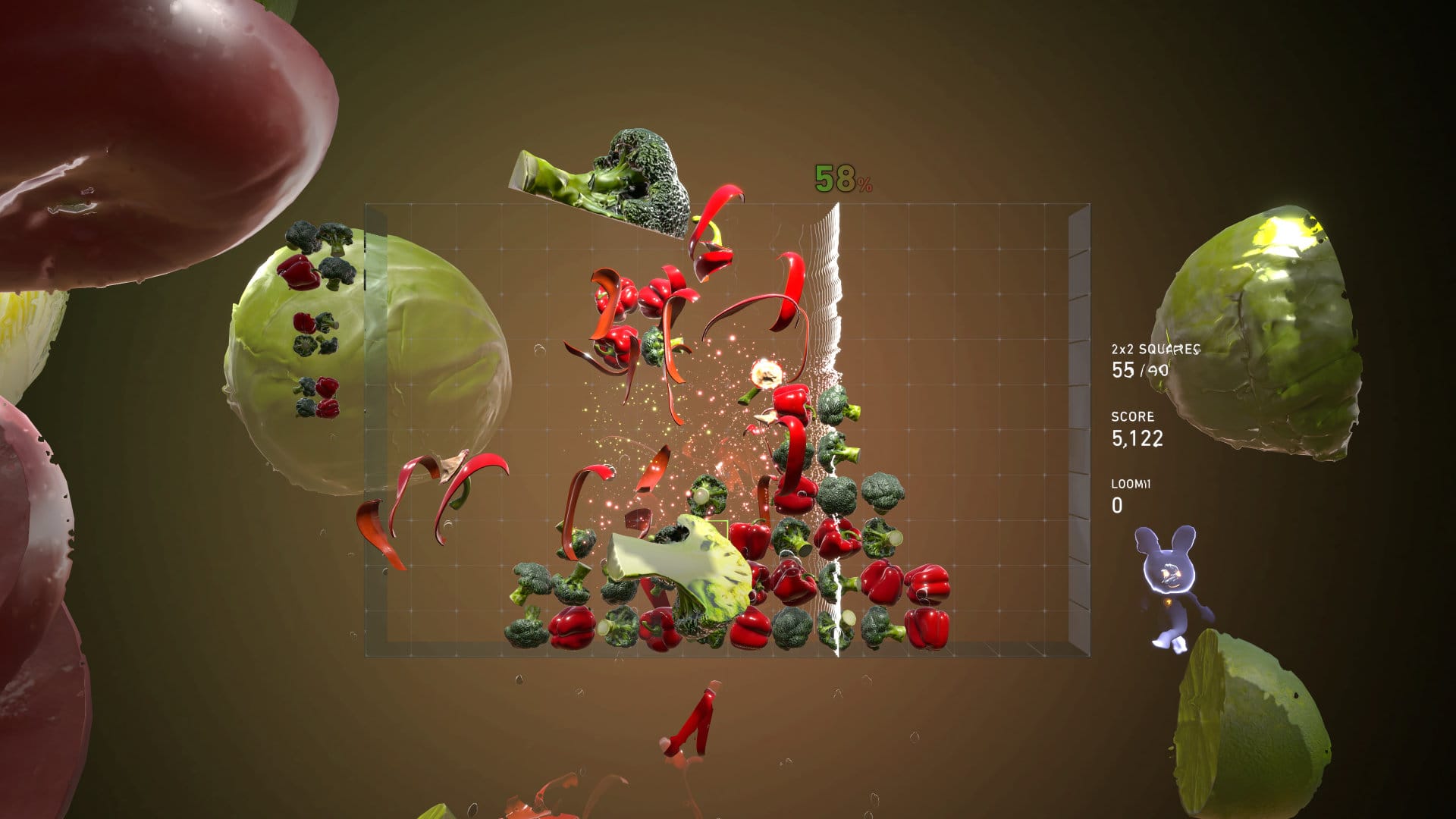 A stage in Lumines Arise. A puzzle field with blocks that are peppers and broccoli. The cleared blocks explode as sliced vegetables, jumping towards the screen. 