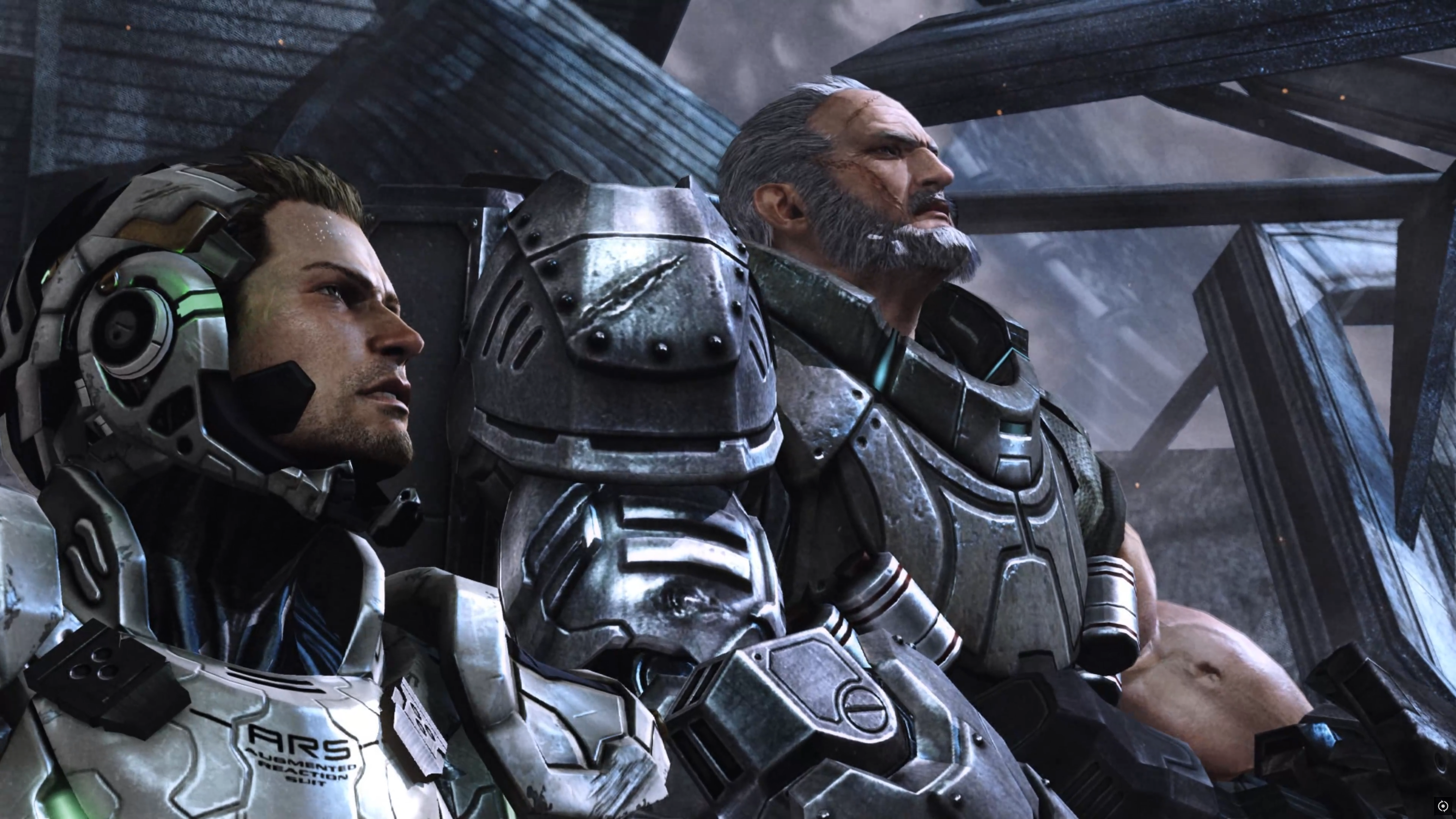 Sam Gideon and  Lt. Col. Robert Burns looking in profile, they have metal armor.