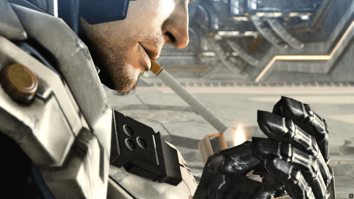 Sam Gideon in side profile, you see him lighting a cigarette.