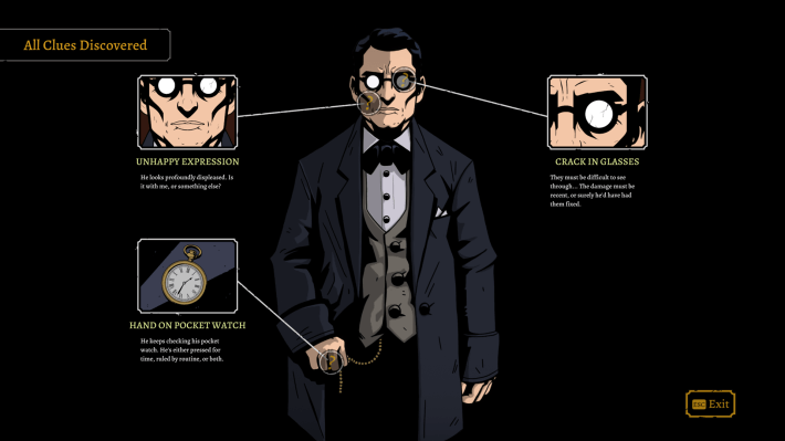 A character in "The Seance of Blake Manor" with details about them highlighted--their glasses are cracked, they have an unhappy expression, and they're holding their pocketwatch