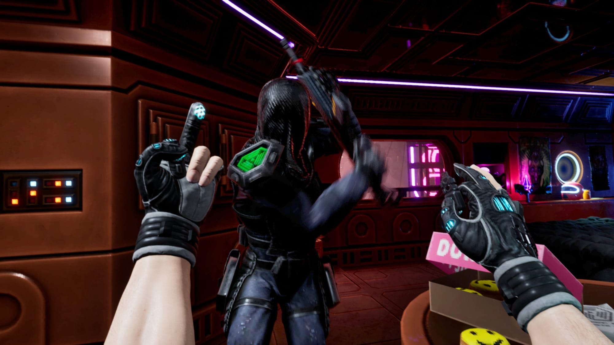 Player character from System Shock flipping off an armed guard