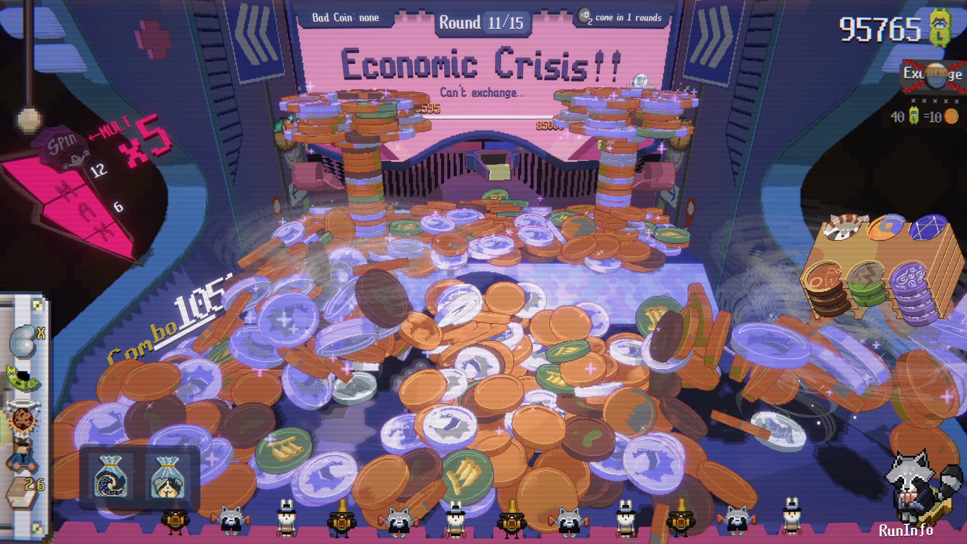 So many coins piled into Raccoin's coin pusher machine. The screen says "Economic Crisis!!"