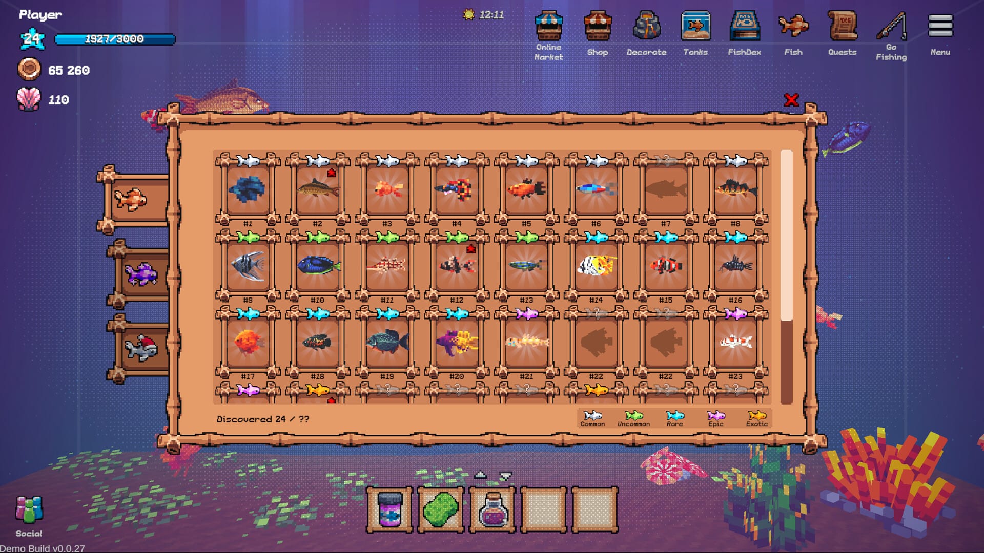 Tiny Aquarium's fish screen, showcasing the fish available in the game