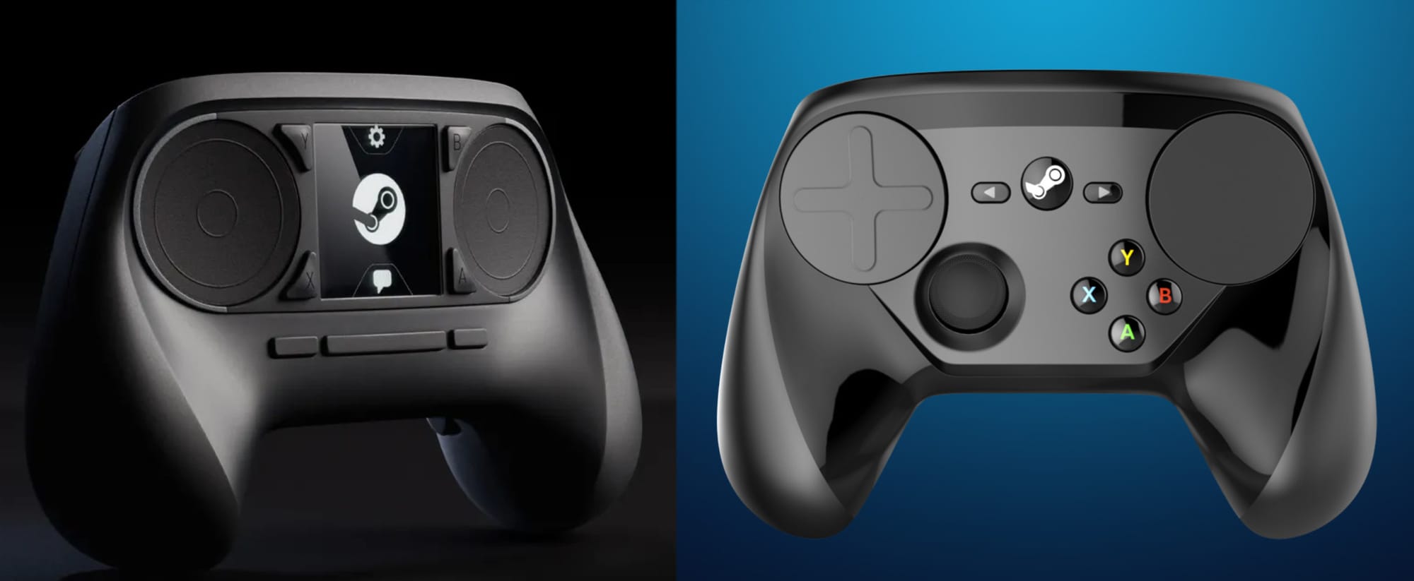 The original idea for the Steam Controller (left) and what shipped (right). Credit: Valve