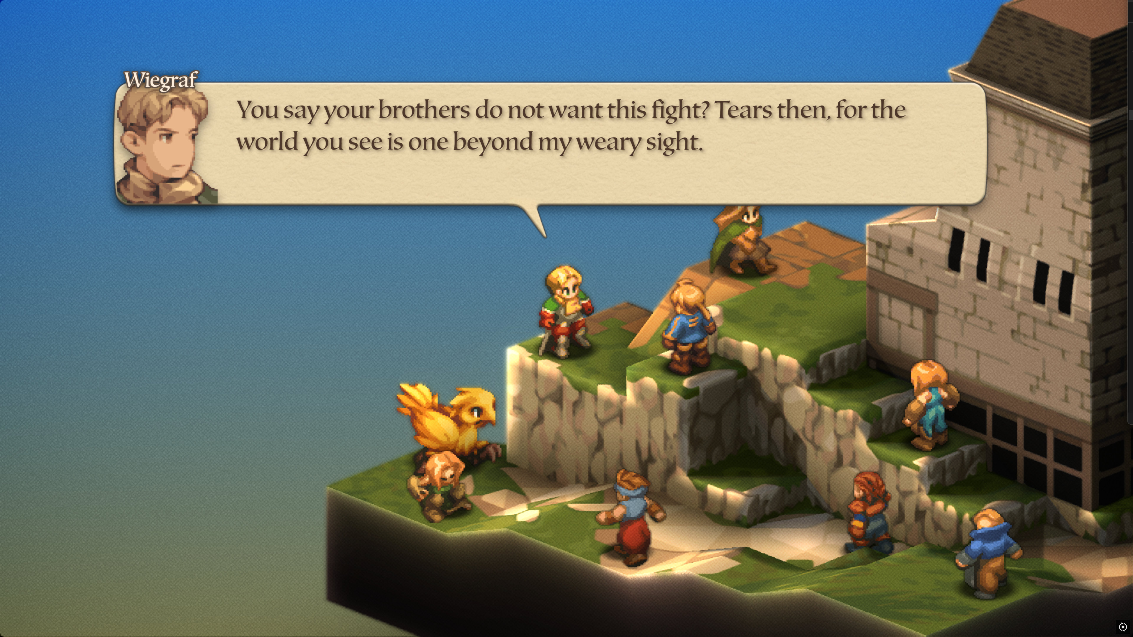 A screenshot of Wiegraf saying "You say your brothers do not want this fight? Tears then, for the world you see is one beyond my weary sight." from The Ivalice Chronicles