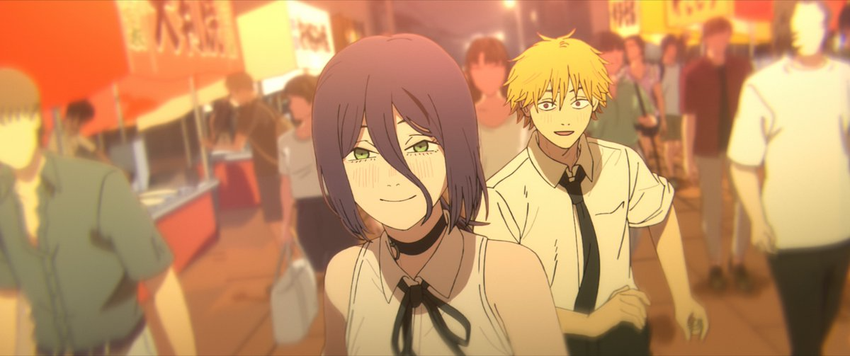 Chainsaw Man – The Movie: Reze Arc still of Reze and Denji holding hands while walking through a festival.