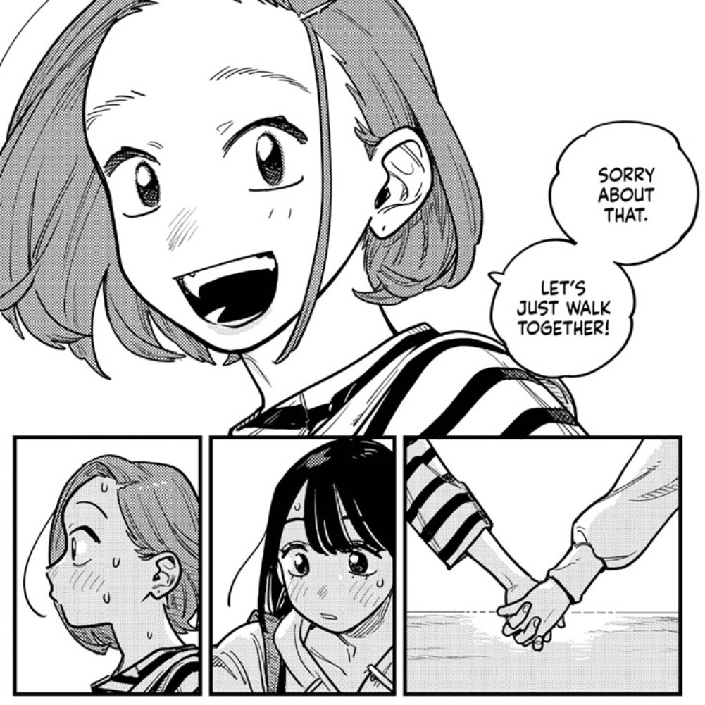 Saeko and Miwa holding hands on the beach.