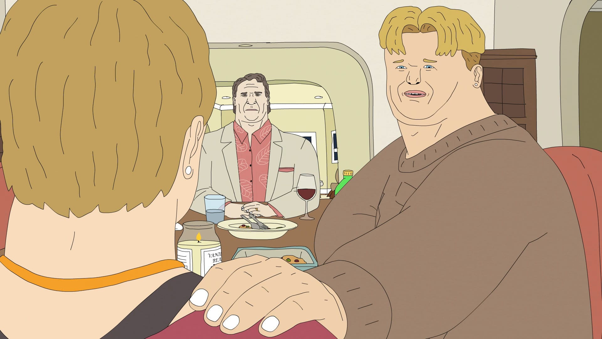 A tender moment where Preston places his hand seriously on a woman's shoulder, about to dispense some homespun advice or "get real" for a moment.