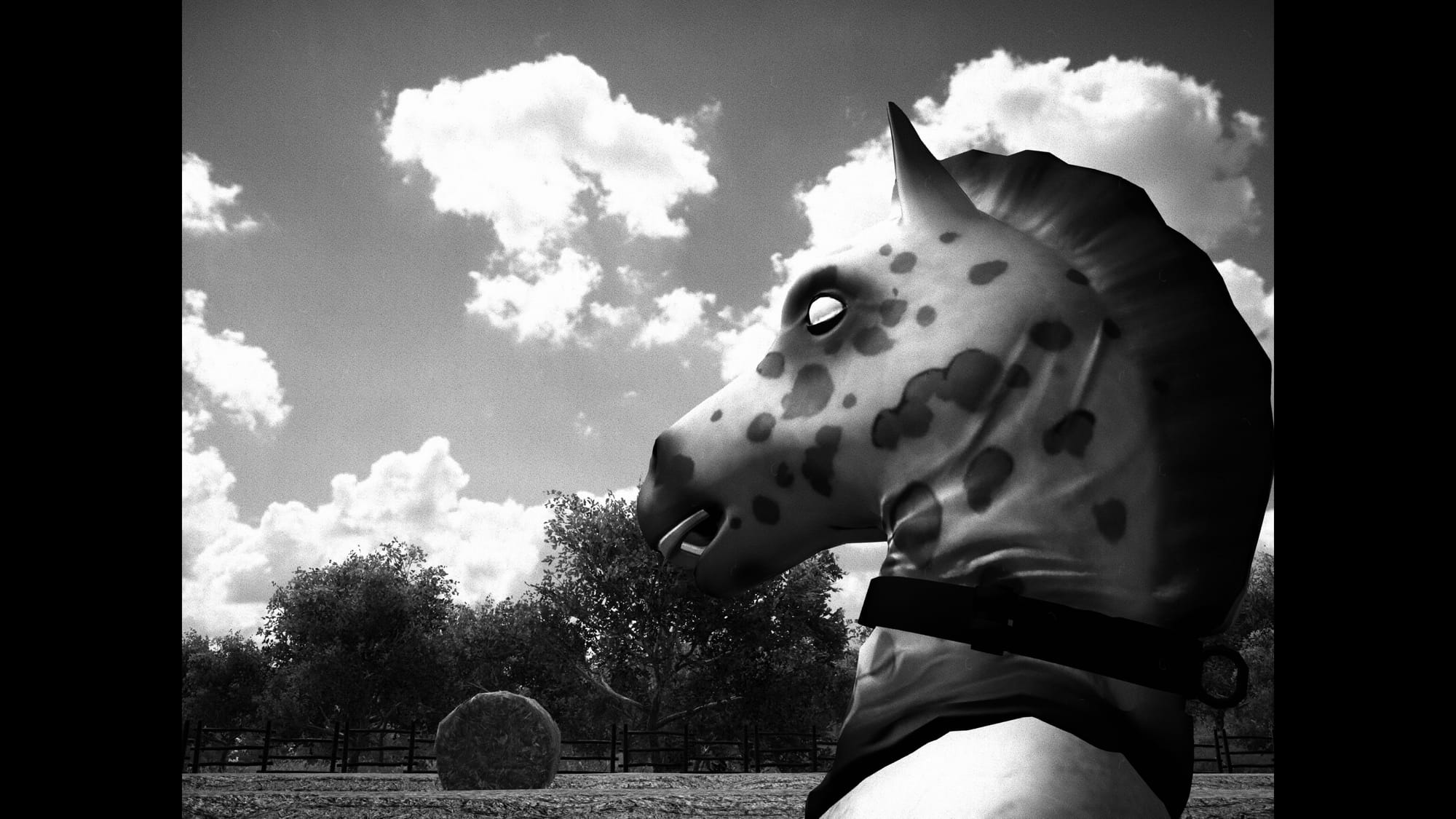 A profile shot of the horse man from the side view, he appears to cry through his mask. It is in black and white and 4:3 aspect ratio.