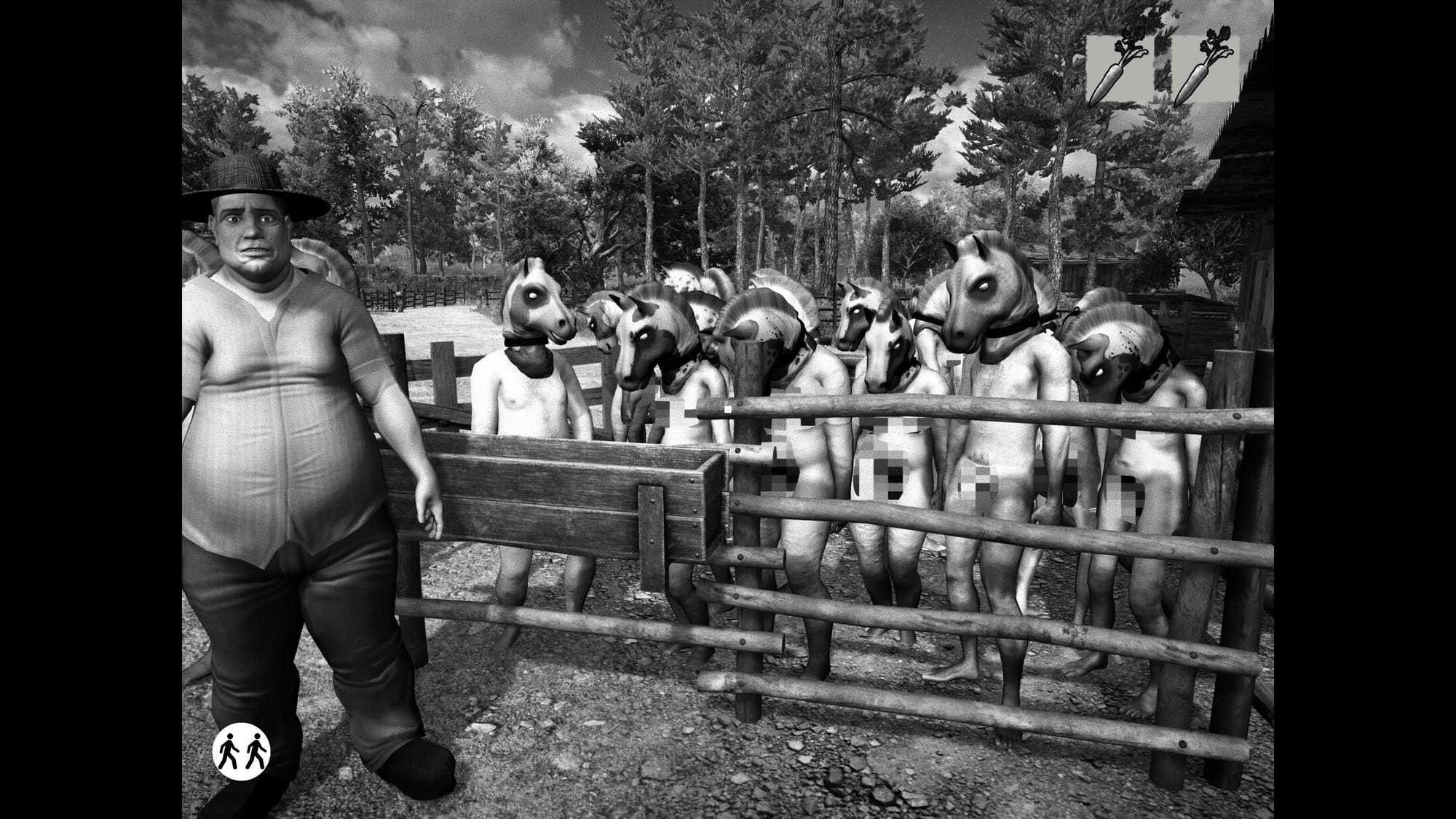 The weird pear shaped farmer stands next to a pen of people with horse masks on, their genitalia is censored. It is all in black and white.