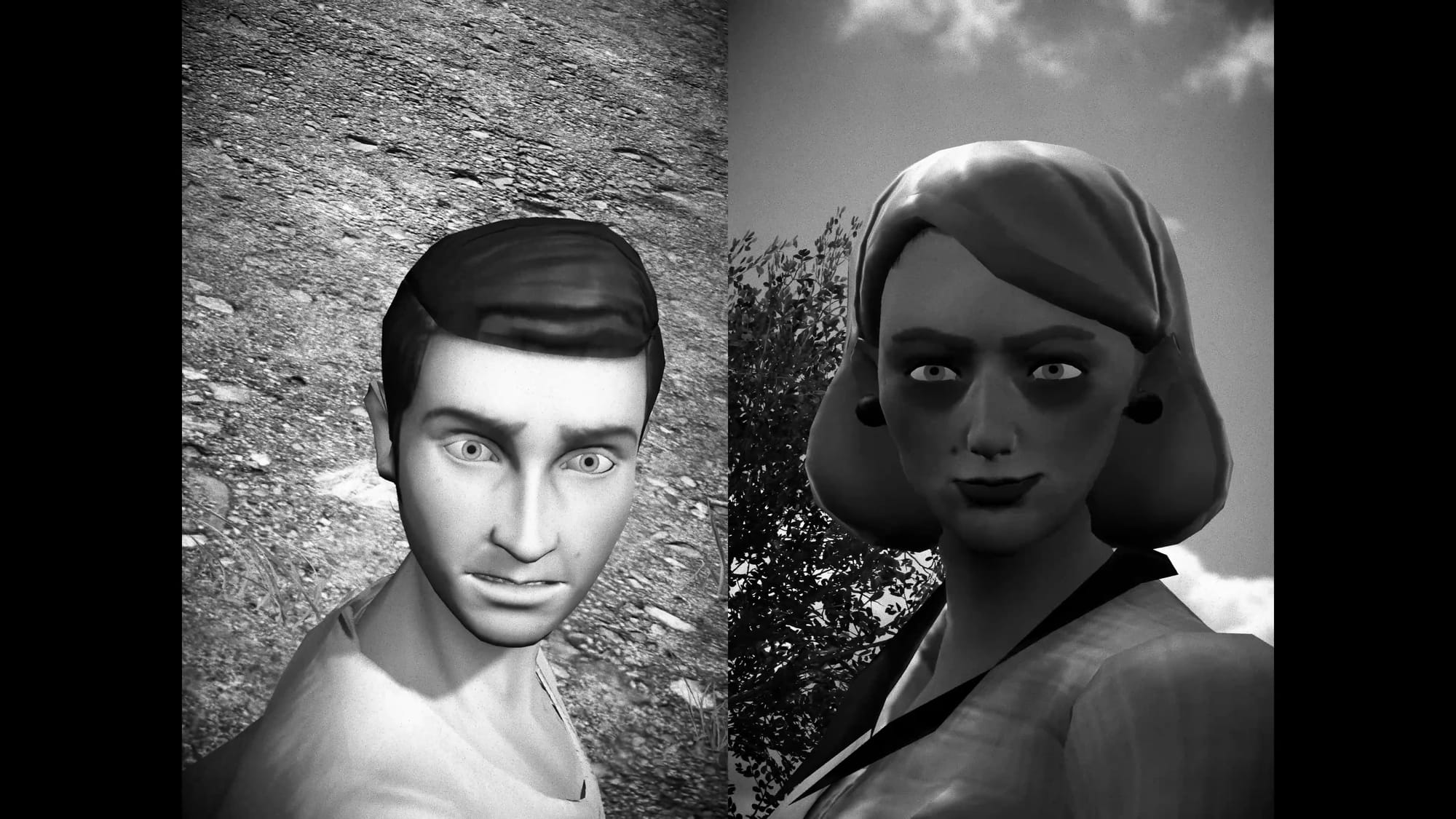 A split view of the scene where your character is on one side and the woman is on the other. The scene is in black and white, 4:3 aspect ratio.
