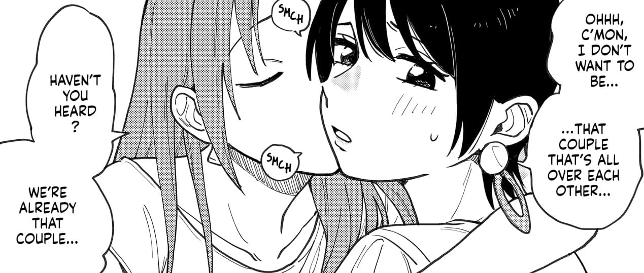 Saeko kissing Miwa on the cheek. 