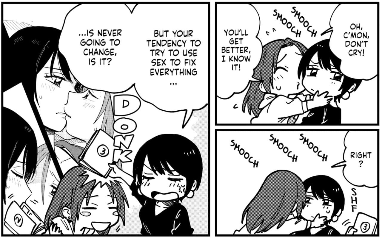 Miwa calling out Saeko for always resulting to sex when things get tricky. 