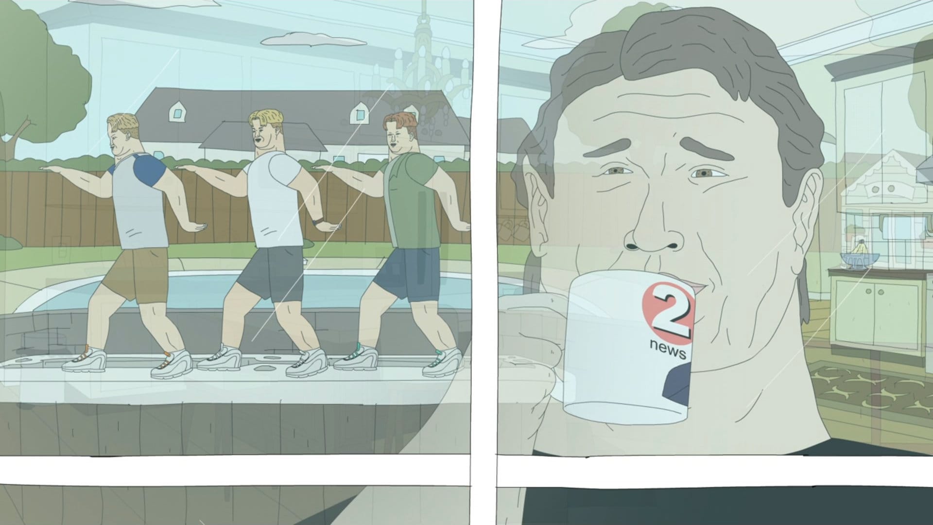 The proud father of Haha, You Clowns looks out the window as his boys dance in a humerous way, not unlike "Walk Like an Egyptian" by the bangles. He drinks from a news cup and his eyes swell with pride.