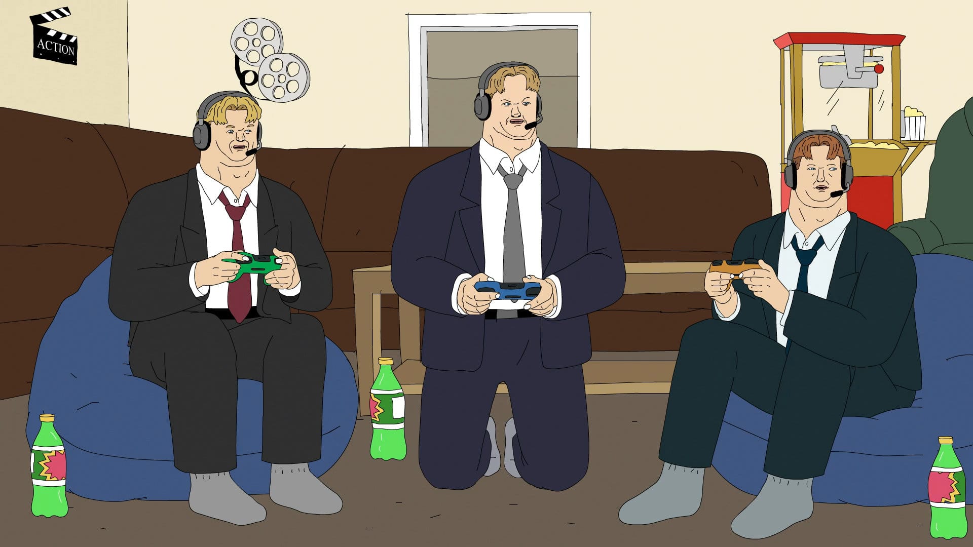 The three huge sons, fresh from Church, game together while all wearing headsets. Two sit on bean bags, and all three have a green bottle of gaming soda.