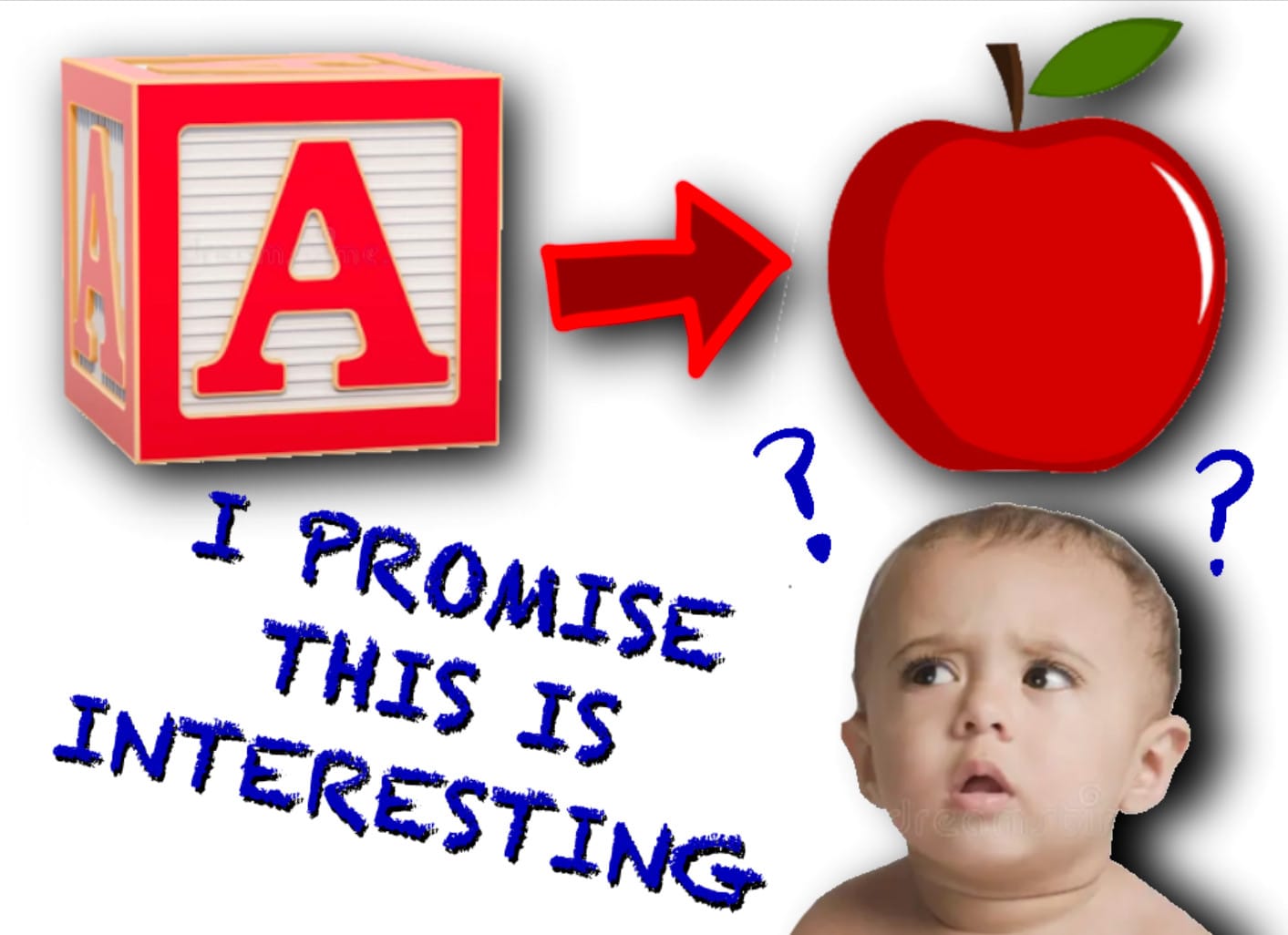 An A block points to an apple. A baby is confused, with ?? next to their head. "I promise this is interesting" is shown in crayon text.