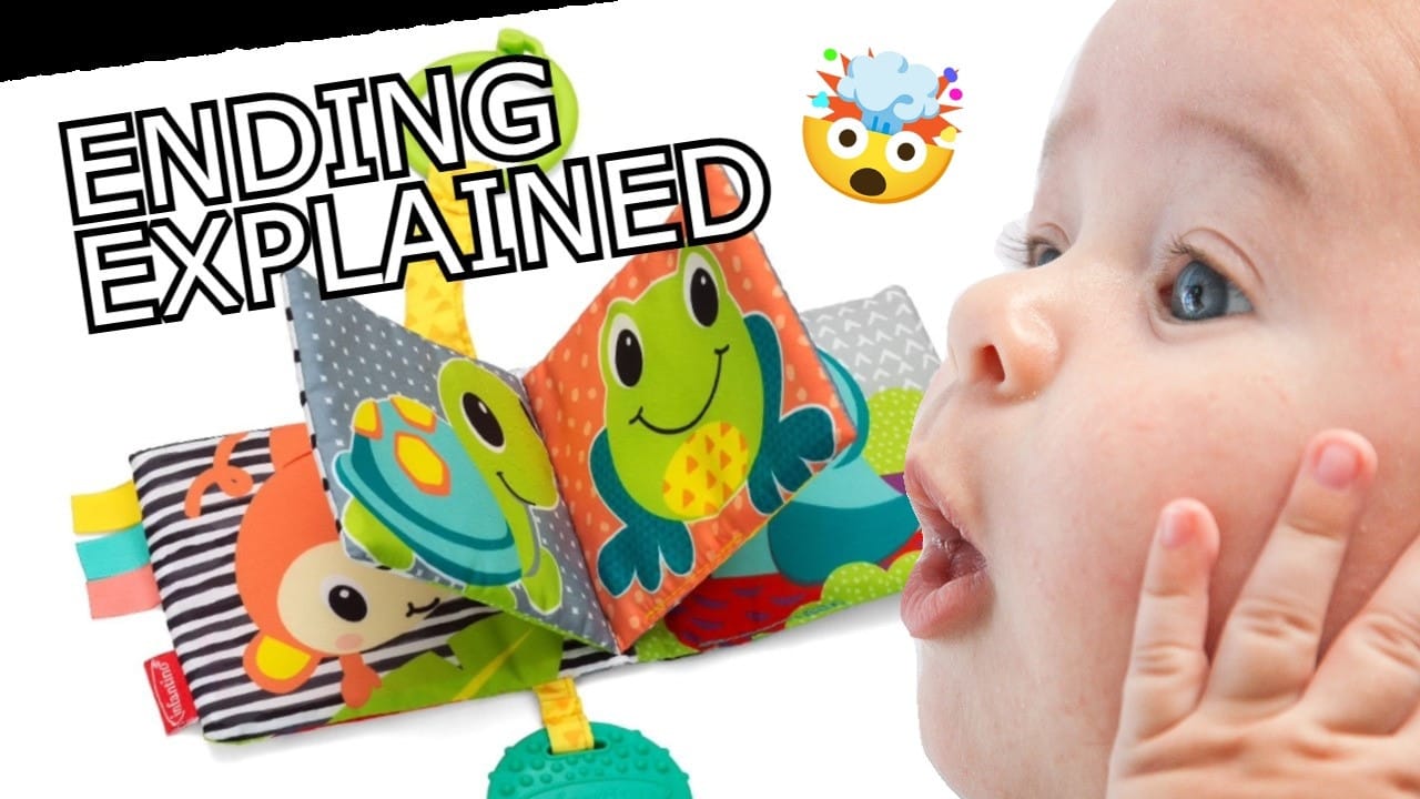 An excited baby looks at a picture book. It says "Ending explained" There's a mind blown emoji.