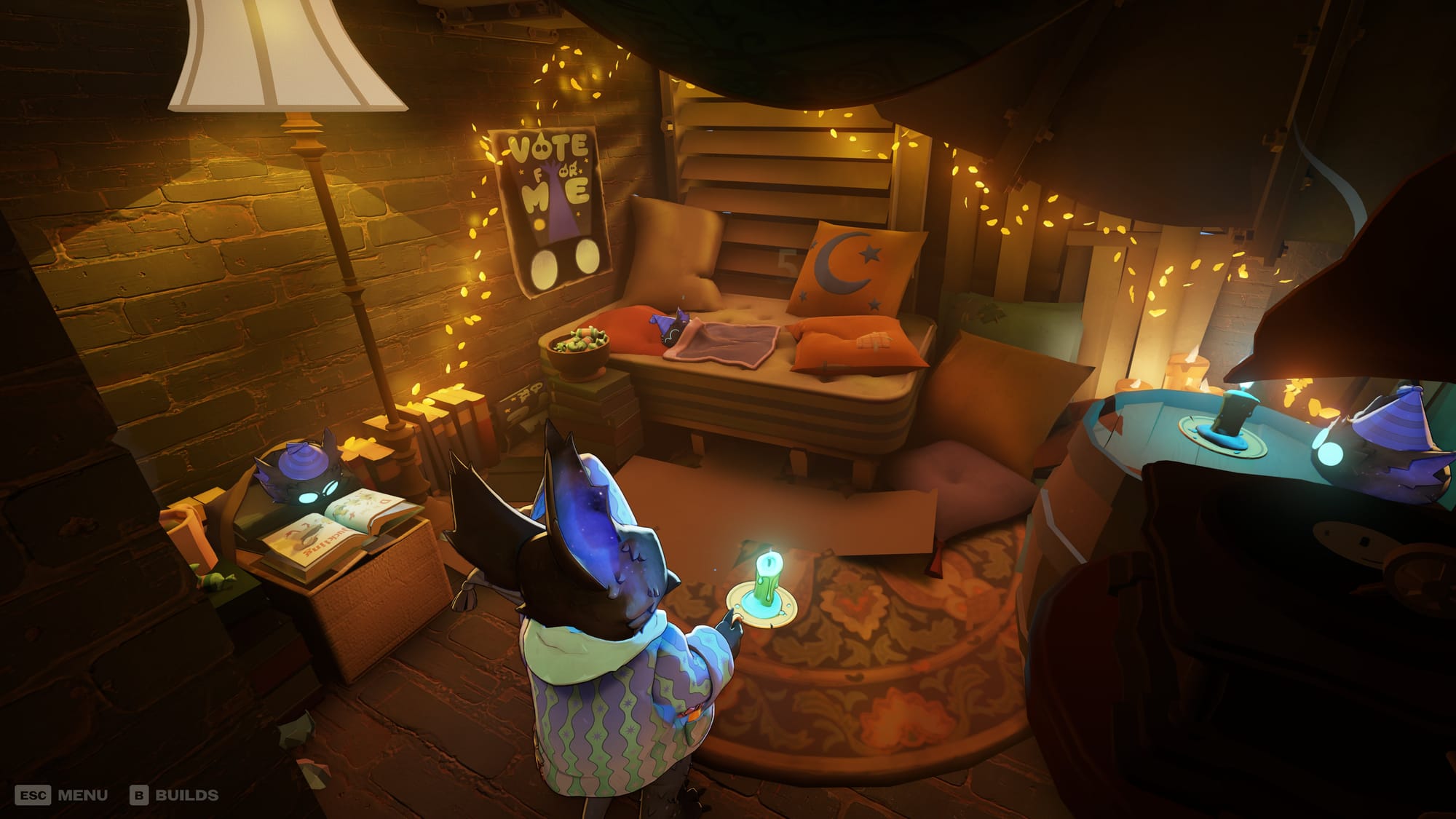 Rem's hideaway which can only be accessed in the crawl space above the furnace. His helpers are napping and reading. He has a little tiny unadorned mattress with pillows. It is quite cozy.