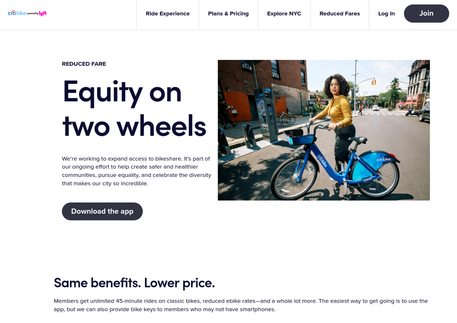 A screenshot of the splash page for their reduced fare program. A woman holds a Citi Bike. It says "Equity on Two Wheels" and "Same benefits. Lower price" with details about how they are attempting to extend the bike share.