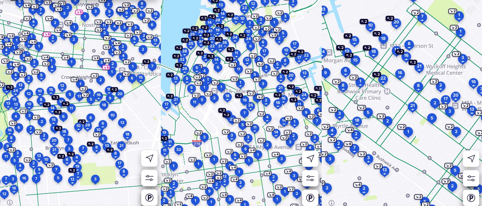 Several maps showing Crown Heights, Greenpoint and Bushwick, with heterogeneous mixtures of positive and negative docks.