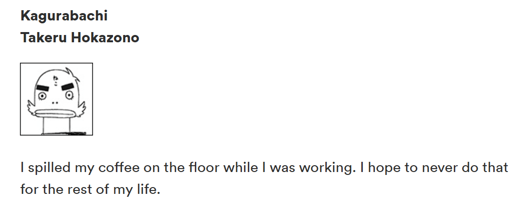 Kagurabachi mangaka about the horrors of spilling coffee. 