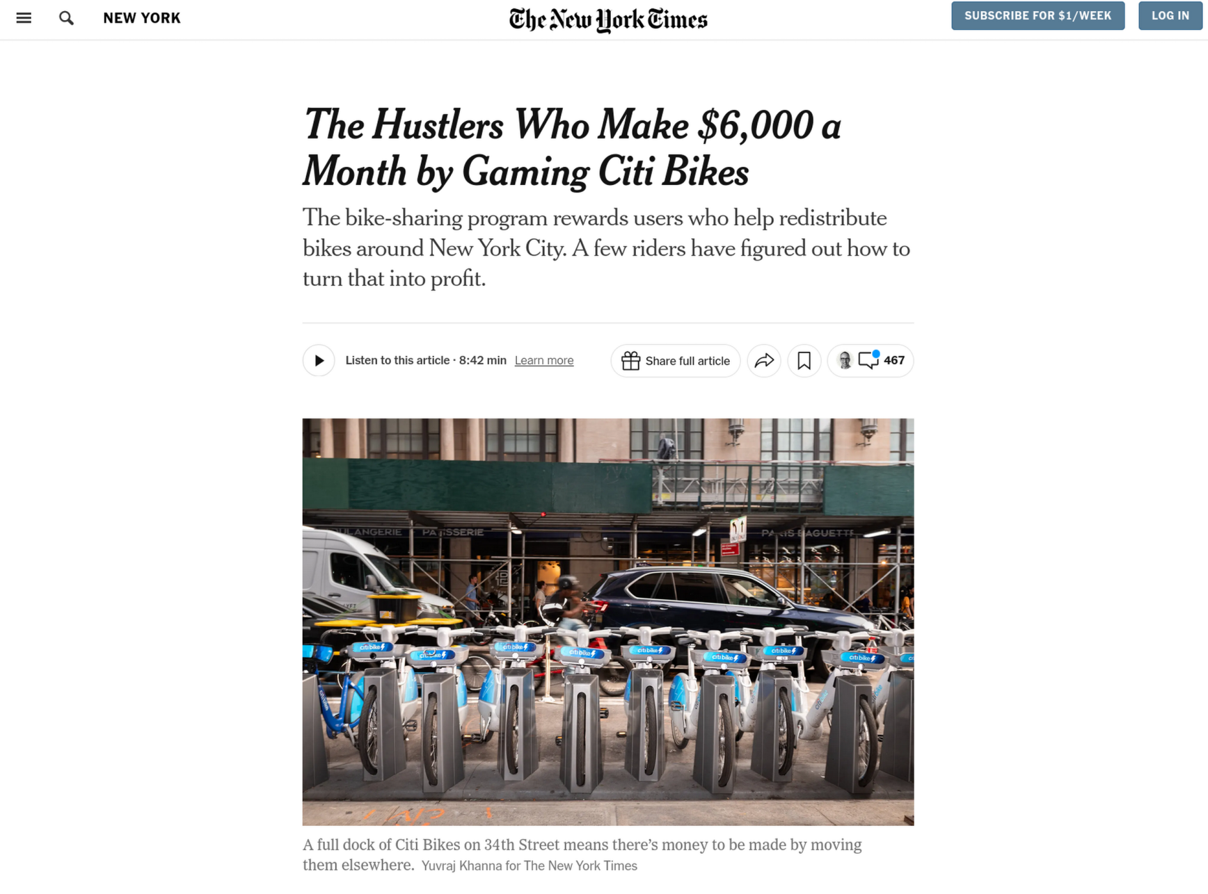 The New York Times saying "The Hustlers Who Make $6,000 a Month by Gaming Citi Bikes. The bike-sharing program rewards users who help redistribute bikes around New York City. A few riders have figured out how to turn that into profit."