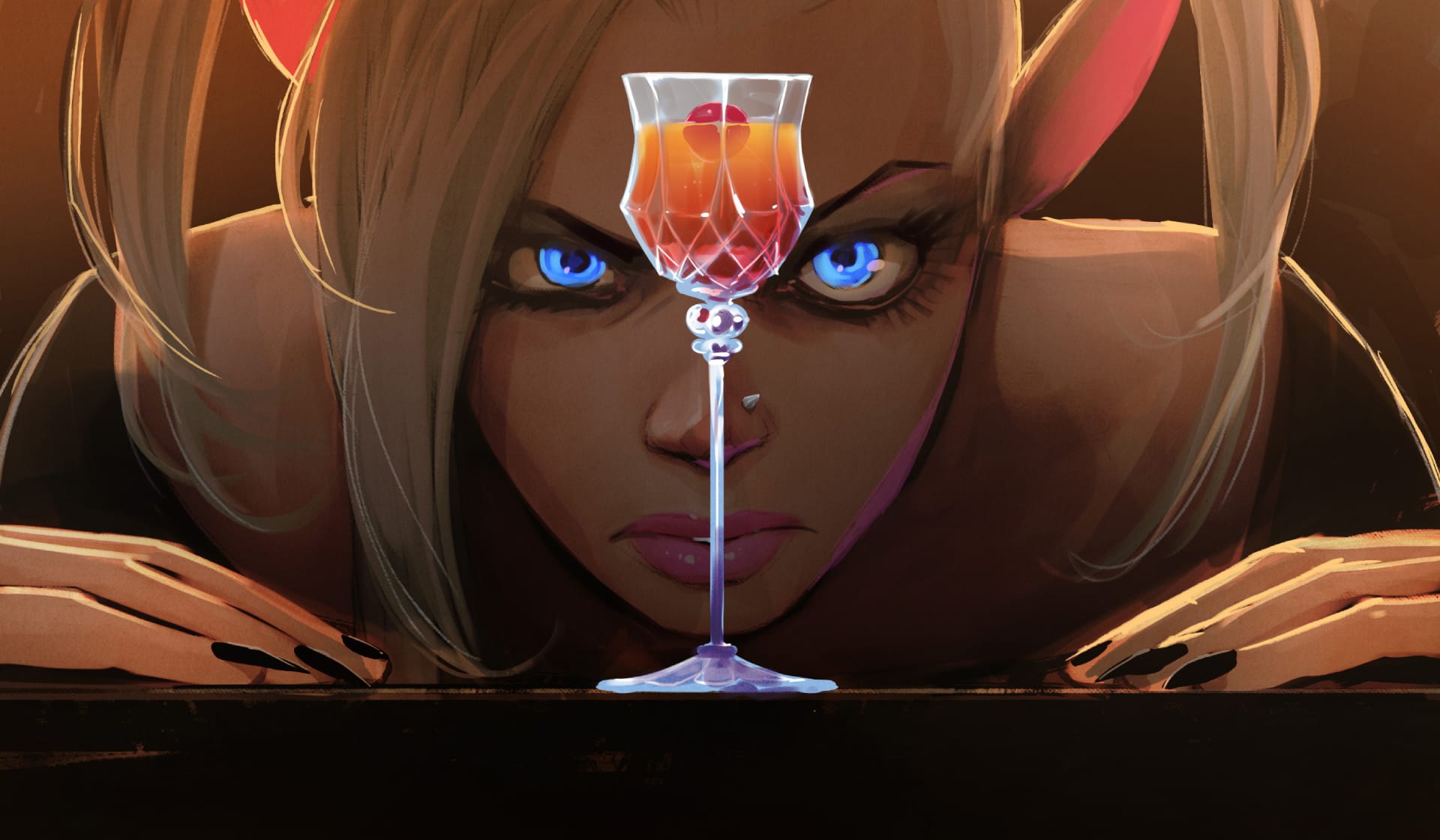 Maeryll staring at a cocktail glass. 