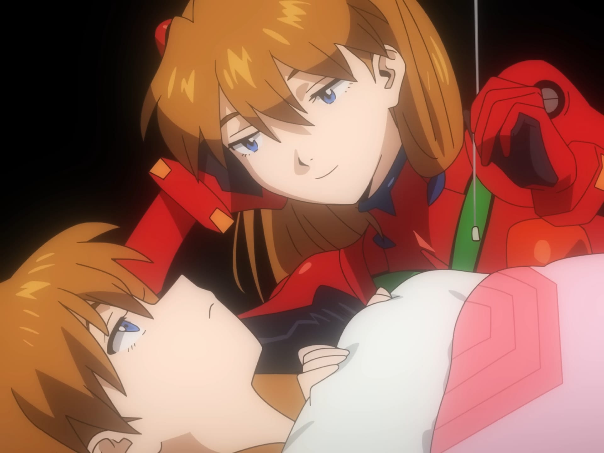 Neon Genesis Evangelion still of Asuka talking to herself. 