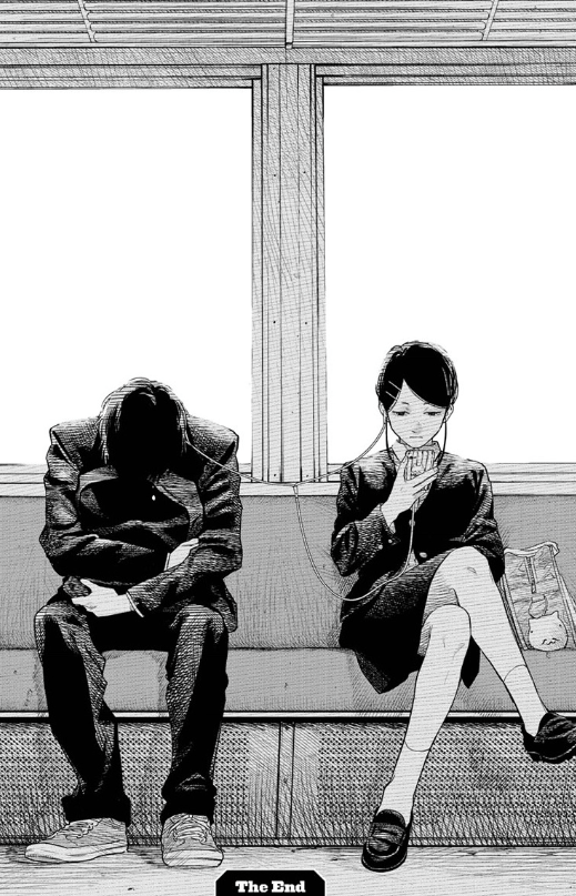 Two characters listening to music together on a train in the final page of Just Listen To The Song