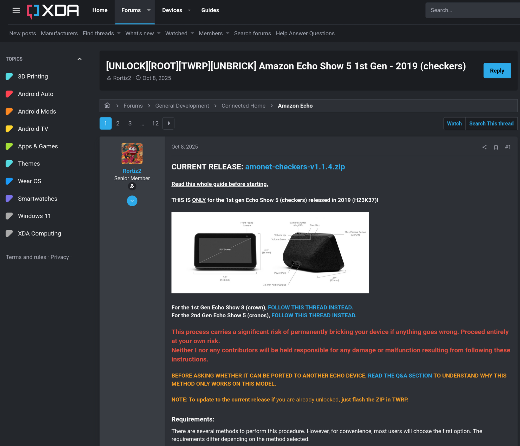 A post for the jailbreak on the XDA Forums for the Amazon Echo Show 5 1st gen -2019 by Rortiz2.