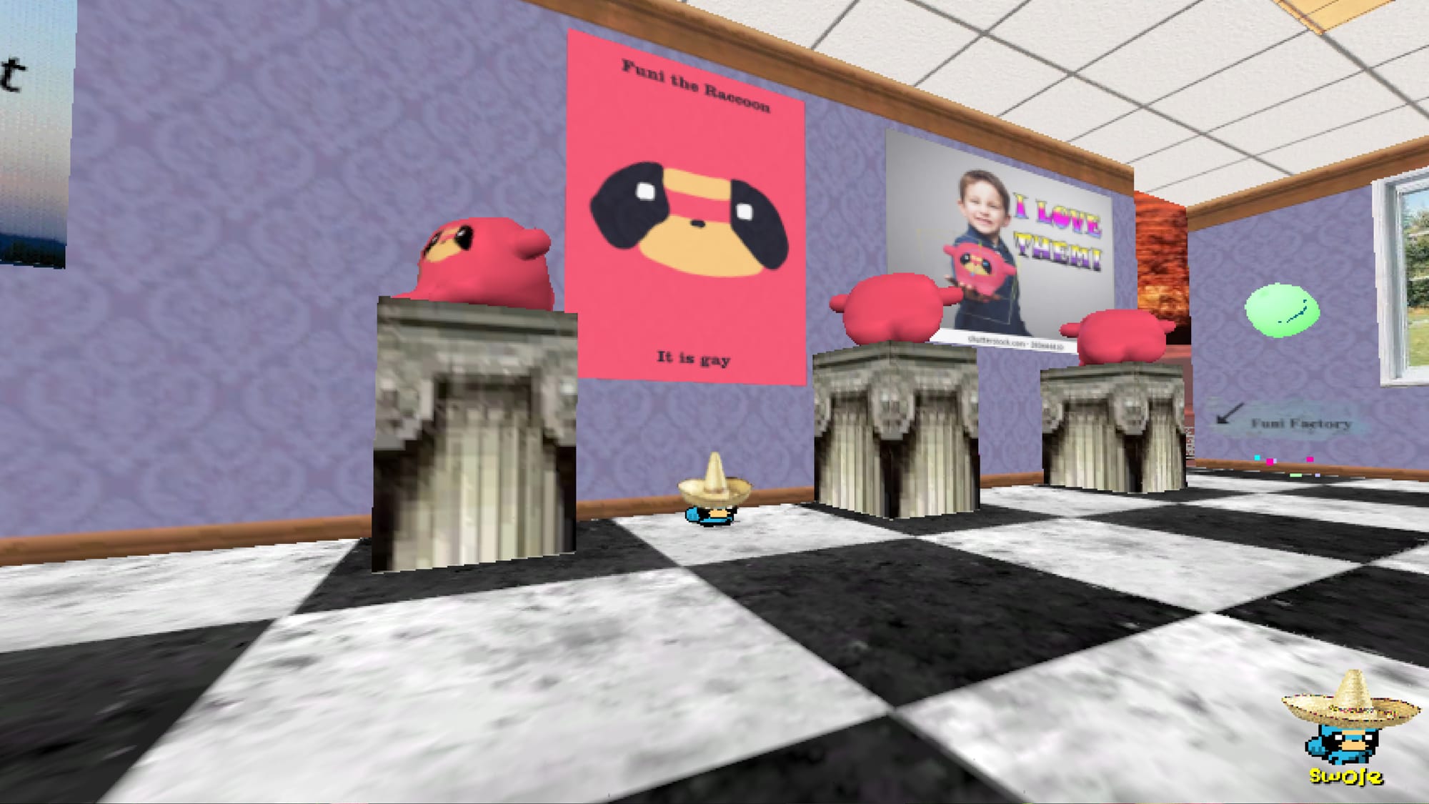 A poster says Funi The Raccoon: It Is Gay. Another says I Love Them in nonbinary lettering.