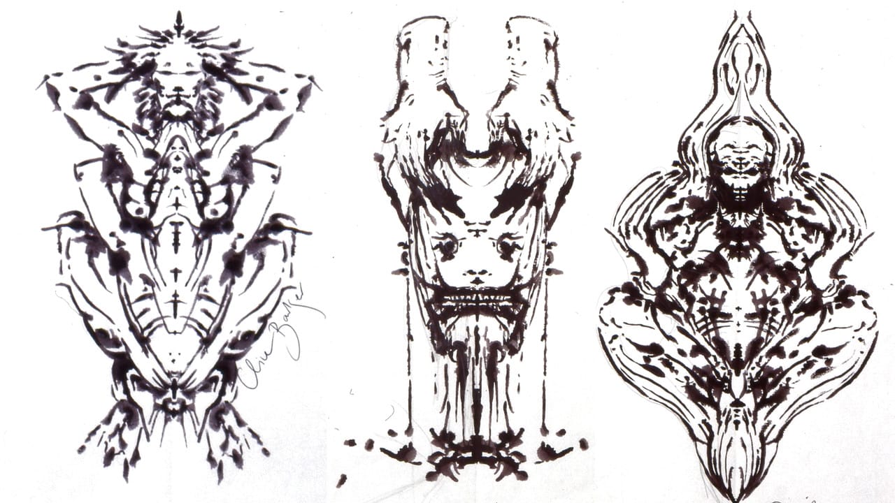 Ink blot illustrations of monsters, signed Clive Barker.