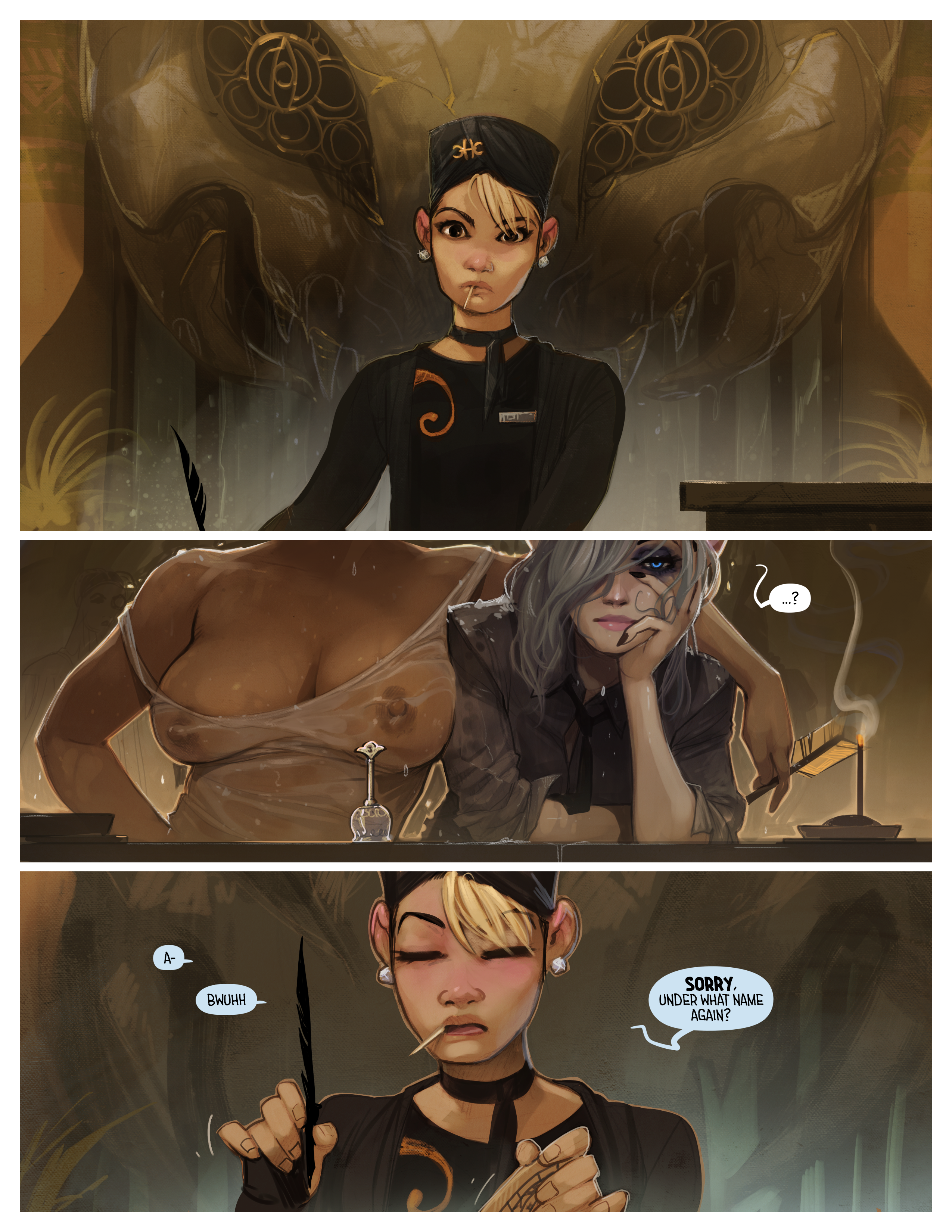 Cinder and Maeryll checking into a hotel.