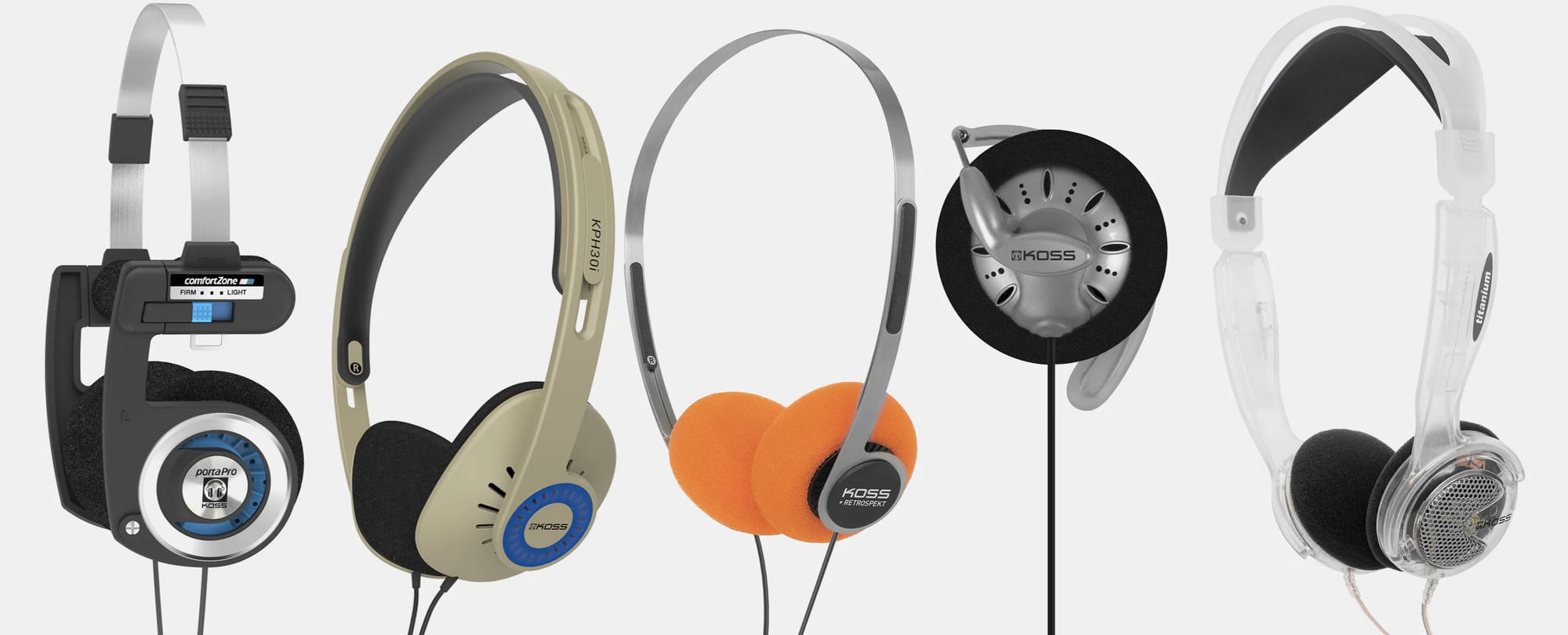 Five pairs of headphones from left to right, in varying shapes. They are all retro in design, a few have metal headbands, and one clips over the ears.