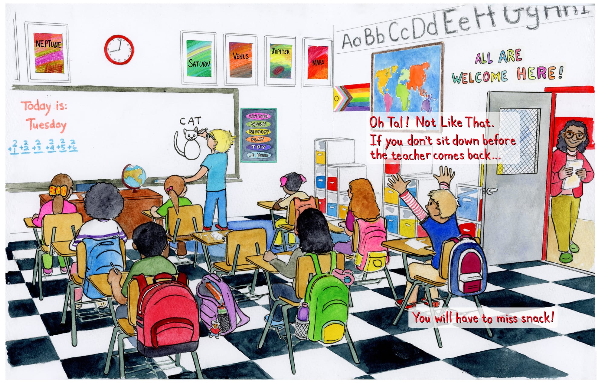 Oh, Tal! Not Like that double spread of Tal drawing a cat on a dry erase board in front of her class as her teacher walks into the room.