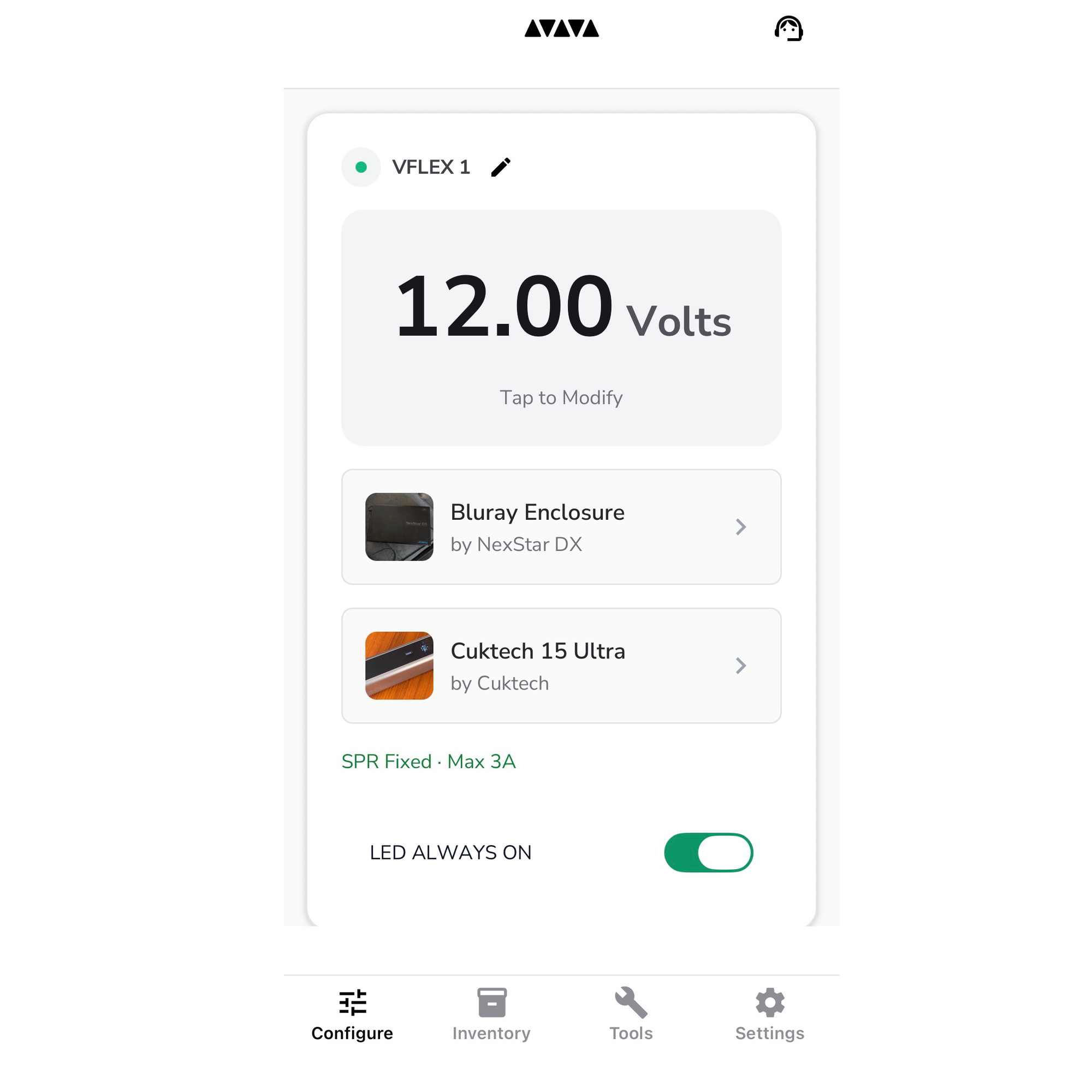 The UI of the VFLEX app, showing an adapter set to 12 volts, connecting a Cuktech 15 ultra to a NexStar DX Bluray enclosure