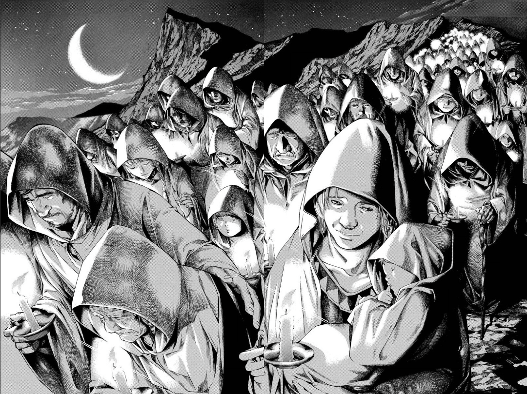 Death Note double spread page of Kira worshipers walking together at night on a cliffside. 