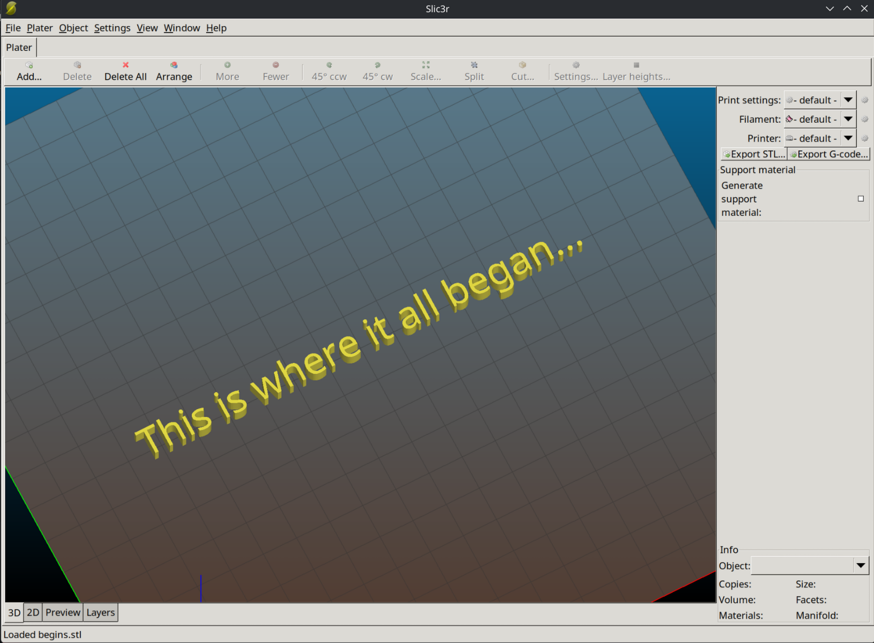 The UI for Slic3r, a slicing program, with "this is where it all began" in the text on the 