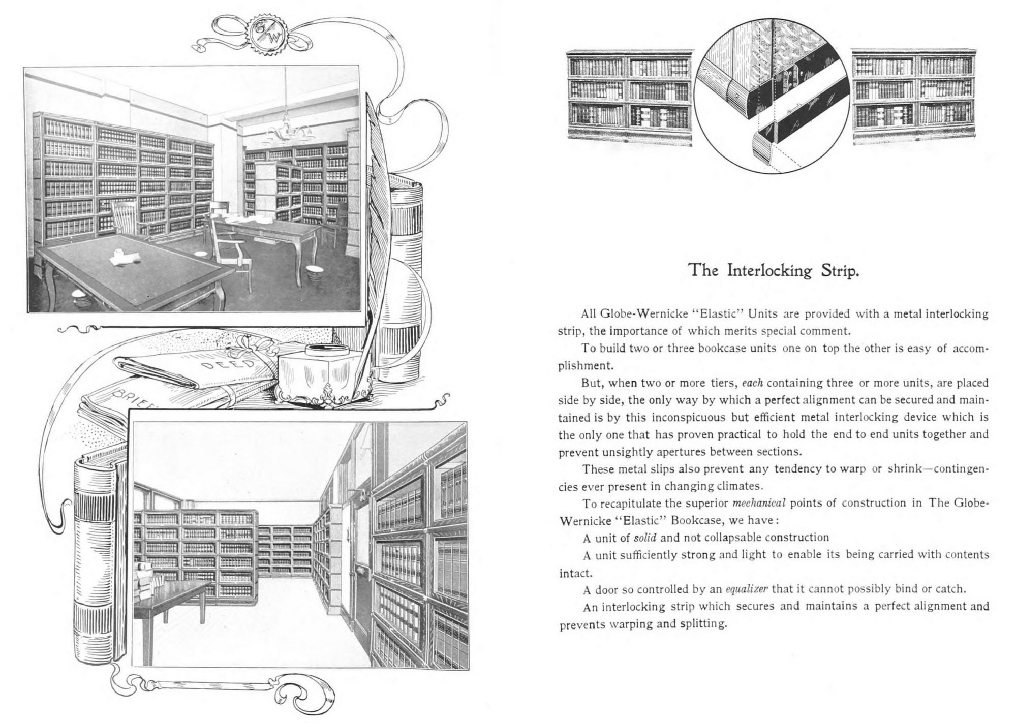 An old diagram from a magazine that says "The interlocking strip" and shows how the Globe-Wernicke "elastic" bookcase works. It shows a cross section of the metal and describes its workings.
