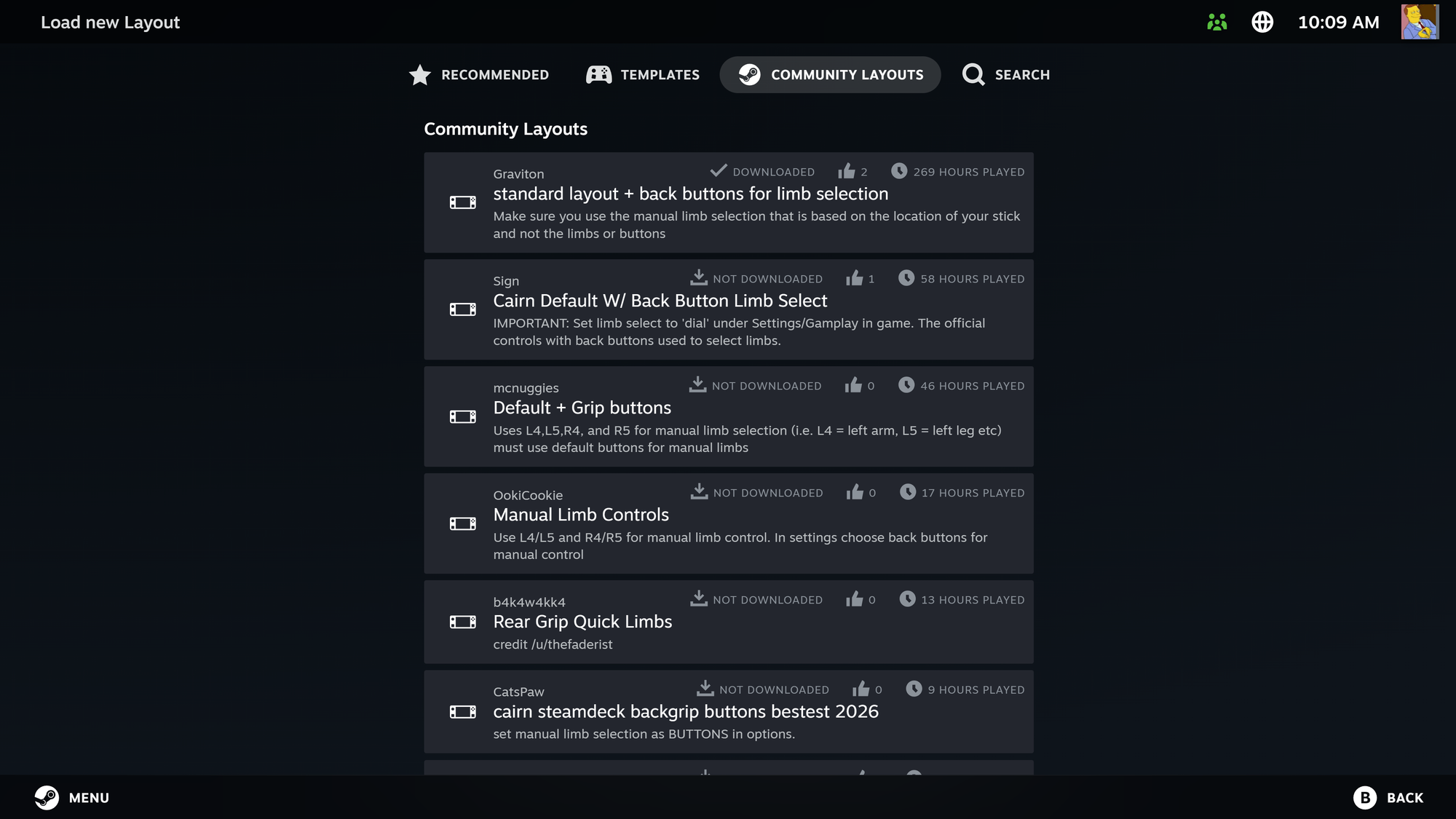 A bunch of community layouts in Steam for the game Cairn.