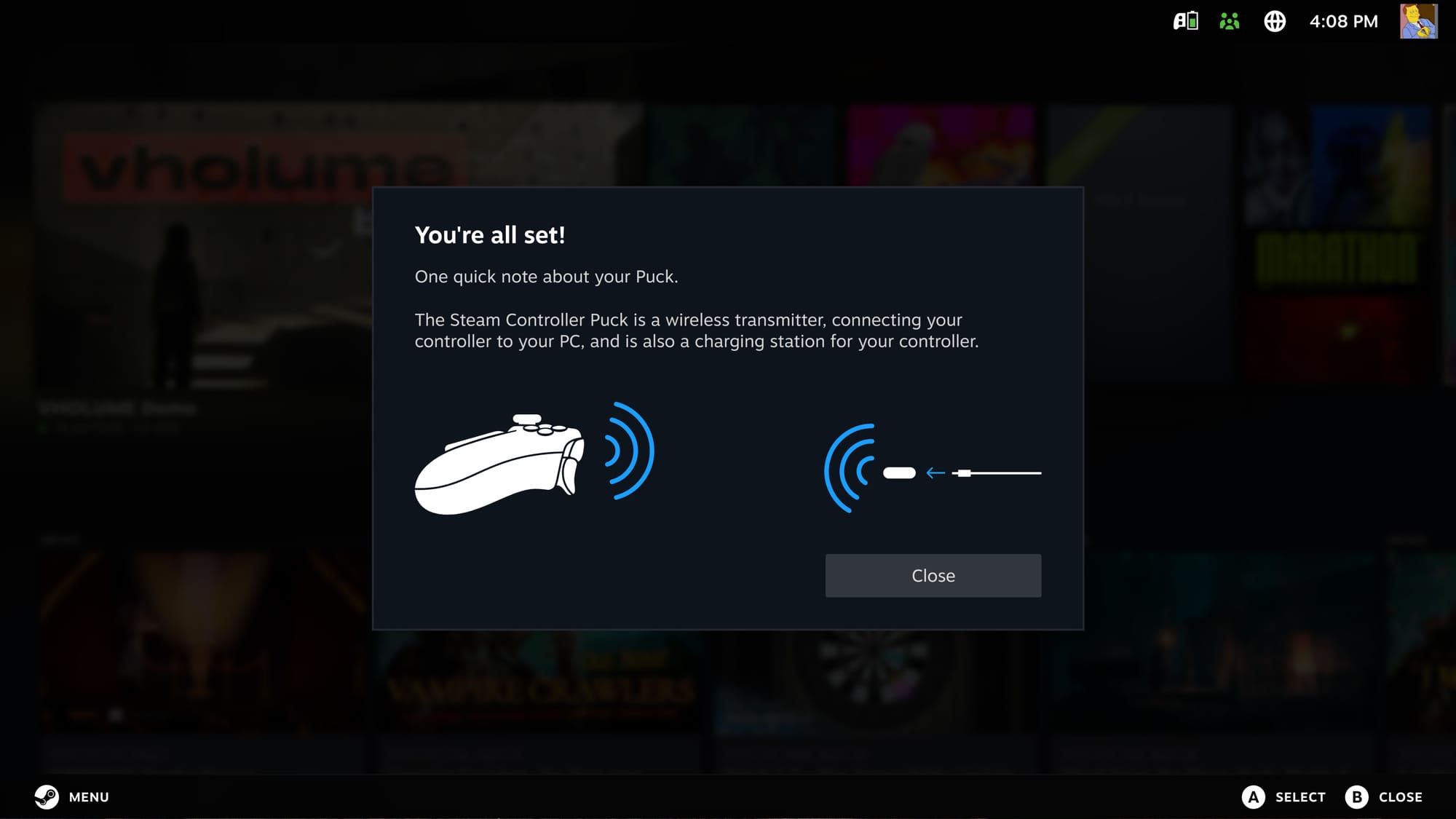 Steam big picture mode, a window lets the user know they are all set and that the puck acts as a communicating dongle.